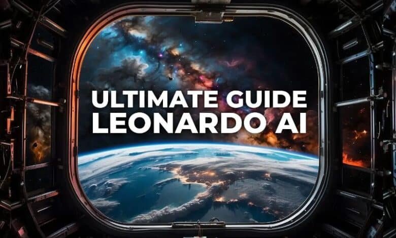 View of Earth and a vibrant galaxy from a spacecraft window with the text "Ultimate Guide Leonardo AI" displayed across the image.